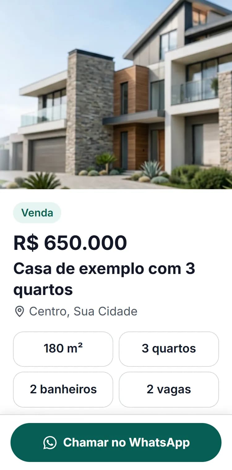 A página do imóvel aberta no celular, com fotos, preço e o botão Chamar no WhatsApp